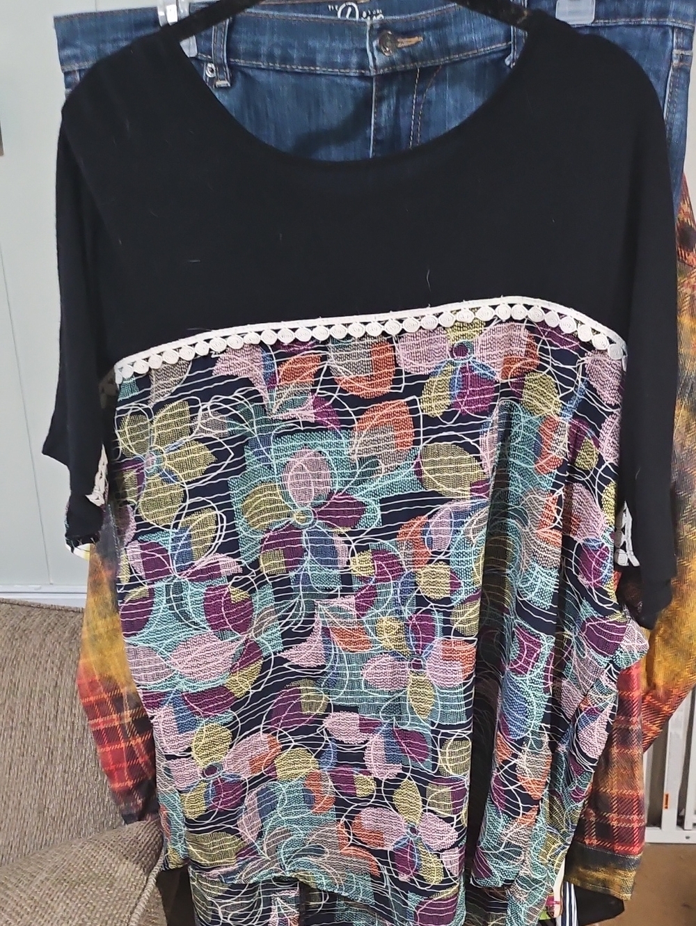 Black Floral Crochet-Trim Tunic with Multicolor Blooms